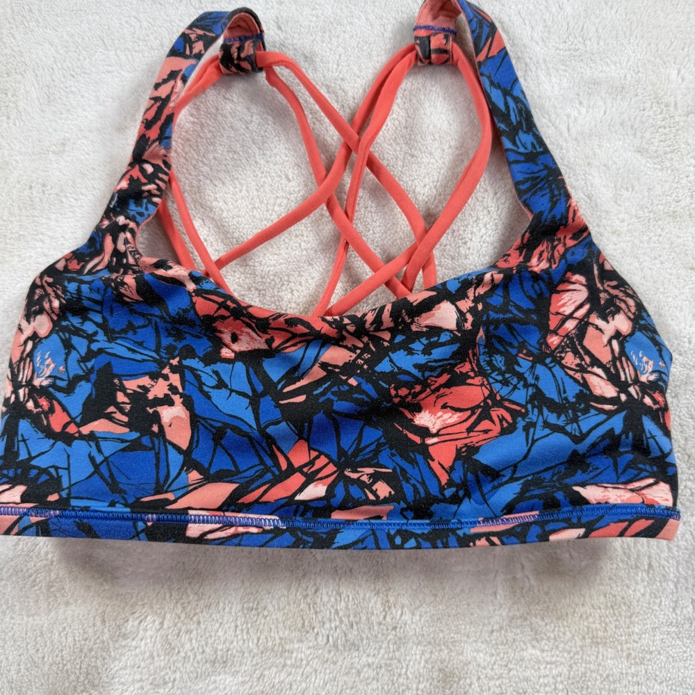 Lululemon Free To Be Wild Sports Bra Blue Coral Pink Strappy Back Yoga Size 4